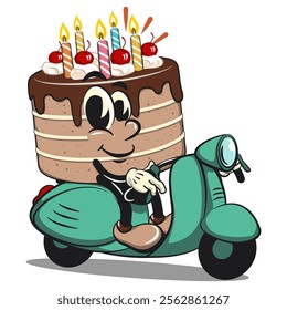 cute birthday chocolate cake cartoon character mascot riding a scooter, work of hand drawn