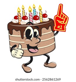 cute birthday chocolate cake cartoon character mascot raise foam finger, work of hand drawn