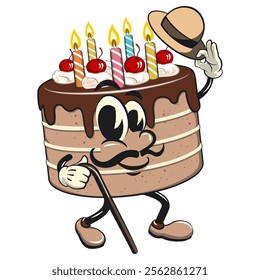 cute birthday chocolate cake cartoon character mascot carrying a stick and saluting with raised hat, work of hand drawn