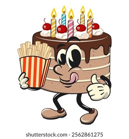 cute birthday chocolate cake cartoon character mascot brought a box of french fries, work of hand drawn