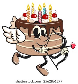 cute birthday chocolate cake cartoon character mascot being cupid with angel wings and the arrow of love, work of hand drawn