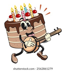 cute birthday chocolate cake cartoon character mascot playing the banjo musical instrument, work of hand drawn