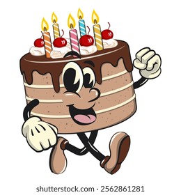 cute birthday chocolate cake cartoon character mascot walking, work of hand drawn