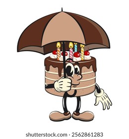 cute birthday chocolate cake cartoon character mascot with an umbrella, work of hand drawn