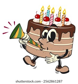 cute birthday chocolate cake cartoon character mascot blow the party horn trumpet, work of hand drawn