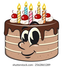 cute birthday chocolate cake cartoon character mascot, work of hand drawn