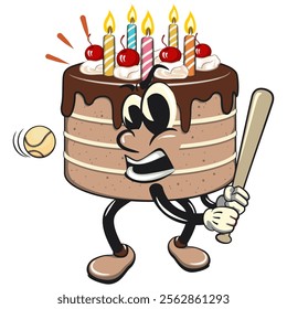 cute birthday chocolate cake cartoon character mascot playing baseball ready to hit the ball with the bat, work of hand drawn