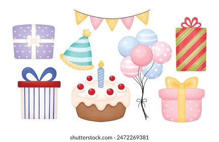 Cute birthday clip art decoration in watercolor style