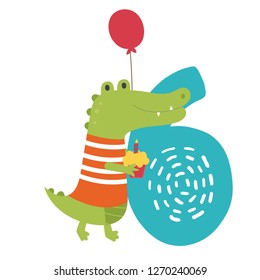 A cute birthday crocodile, standing next to a giant number 6, holding a yummy cupcake and balloon