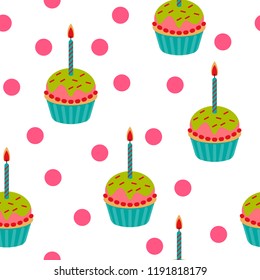 cute birthday cupcake seamless pattern. vector illustration.