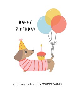 Cute Birthday Dachshund Dog Wearing Party Hat and having balloons, celebrating party. Kawaii greeting card cartoon hand drawing flat design graphic illustration.