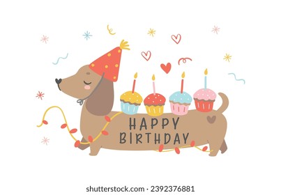 Buen cumpleaños, perro de Dachshund que usa sombrero de fiesta y toma quequitos. Kawaii tarjeta de felicitación caricatura dibujo a mano diseño plano ilustración gráfica.