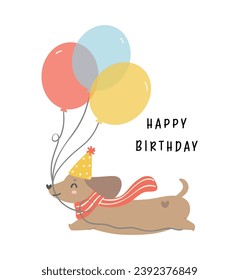 Cute Birthday Dachshund sausage Dog Wearing Party Hat and having balloons, celebrating party. Kawaii greeting card cartoon hand drawing flat design graphic illustration.