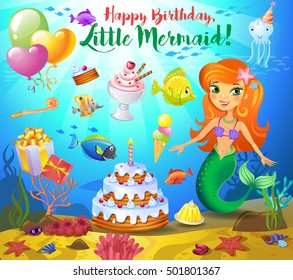 Cute birthday design elements for a party in style of the little mermaid