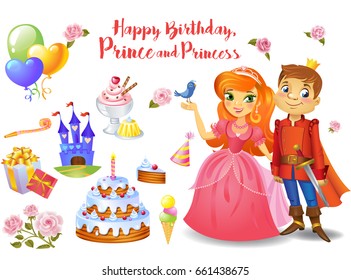 Cute birthday design elements for a party in style of the little prince and princess.