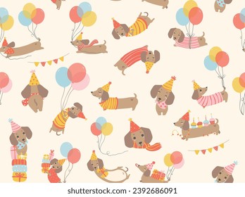cute Birthday dog pattern seamless background with party dachshund sausage dog cartoon illustration. svg