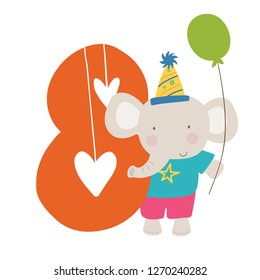 A cute birthday elephant, standing against a giant number 8, holding a balloon and wearing a fun party hat.