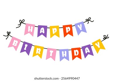 Cute Birthday flags on ropes on a white background. Decoration of triangular flags. Vector illustration isolated on white background