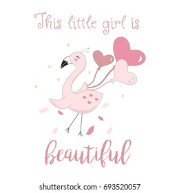 Cute birthday flamingo background with quote, hand drawn in vector. Character Illustration in pastel colors for cards, baby shower, birthday, mugs, t-shirts.