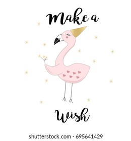 Cute birthday flamingo background with quote, hand drawn in vector. Character Illustration in pastel colors for cards, baby shower, birthday, mugs, t-shirts.