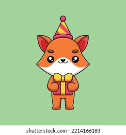cute birthday fox cartoon mascot doodle art hand drawn concept vector kawaii icon illustration