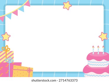 Vector lindo del marco del cumpleaños con las cajas de regalo y la torta dulce