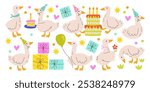 Cute birthday geese farm bird characters celebrating festive party with balloons, gift boxes, cake cartoon set. Funny domestic goose wearing holiday cap in different poses vector illustration