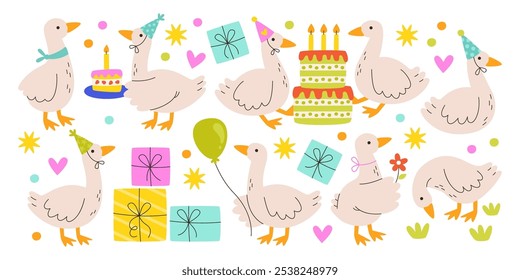 Cute birthday geese farm bird characters celebrating festive party with balloons, gift boxes, cake cartoon set. Funny domestic goose wearing holiday cap in different poses vector illustration