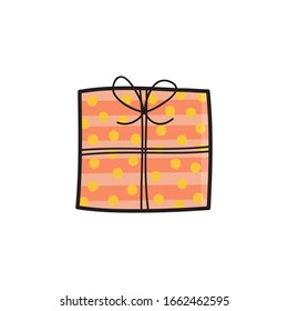 Cute birthday gift vector illustration. Hand drawn present box in colorful wrapping paper with string. Isolated.