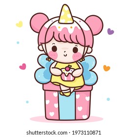 Cute birthday girl vector hug sweet cupcake sit on lovely gift kawaii character go to party Girly doodle. Children cartoon on white background illustration. Perfect design for fashion fabrics,graphic.