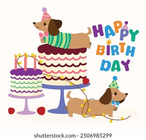 Cute Birthday greeting card with cute dachshund puppy, flat and colorful illustration.