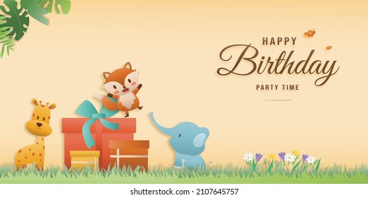 Cute birthday greeting card. A fox stands on a gift box, with an elephant and a giraffe beside it.Templates for making banner advertise.paper and paper craft Style