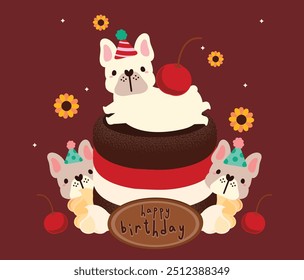 Bonito cartão de cumprimentos de aniversário com cachorro buldogue francês bonito cão, ilustração plana e colorida.