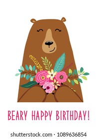 Cute Birthday greeting card with funny cartoon character of bear