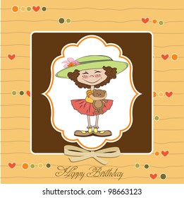 cute birthday  greeting card with girl and her teddy bear