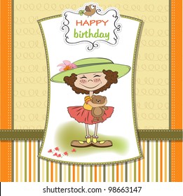 cute birthday  greeting card with girl and her teddy bear