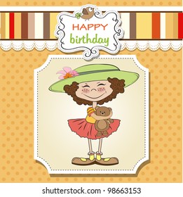 cute birthday  greeting card with girl and her teddy bear