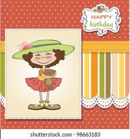 cute birthday  greeting card with girl and her teddy bear