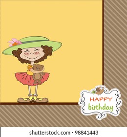 cute birthday greeting card with girl and her teddy bear