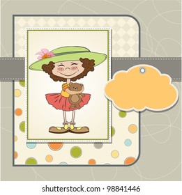 cute birthday greeting card with girl and her teddy bear