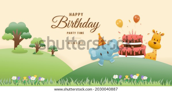 Cute birthday
greeting card. jungle animals celebrate children's birthdays and
template invitation paper cut and papercraft style vector
illustration. Theme happy
birthday.