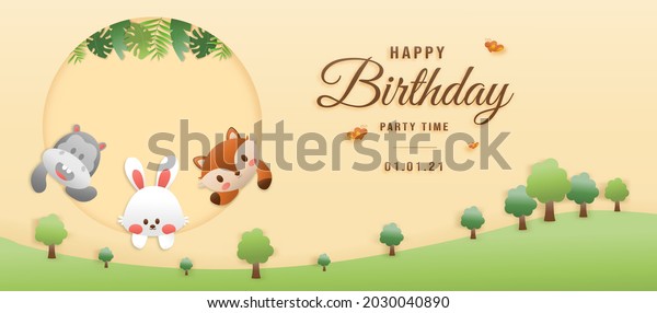 Cute birthday\
greeting card. jungle animals celebrate children\'s birthdays and\
template invitation paper cut and papercraft style vector\
illustration. Theme happy\
birthday.