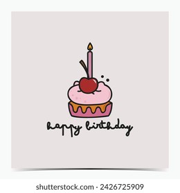 Cute birthday greeting card, poster, template, label with pink cupcake and candle