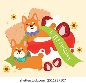 Nette Geburtstagsgrußkarte mit Chiba Welpen Hund, flache und bunte Illustration.