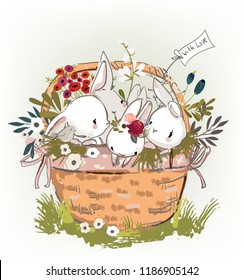cute birthday hares in basket