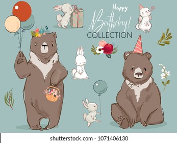 cute birthday hares and bear collection