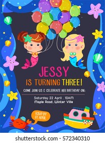 Cute birthday invitation card with two beautiful mermaids and friends