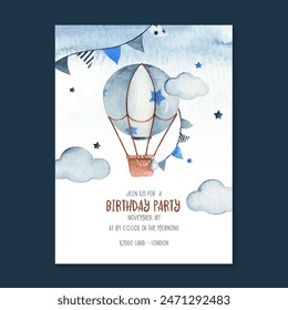 Cute birthday invitation with hot air balloon, garland, stars and cloud, adorable watercolor sky scene illustration perfect for baby boy's birthday