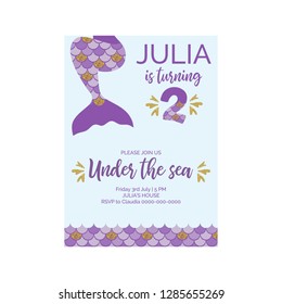 Cute birthday invitation for little mermaid Sea Party.Mermaid second birthday vector illustration 