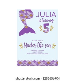 Cute birthday invitation for little mermaid Sea Party.Mermaid fifth  birthday vector illustration 